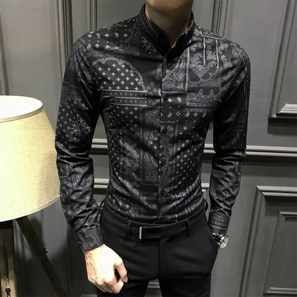 

Spring and autumn men's handsome floral shirt Korean fashion personality long sleeve printed shirt casual slim jacket