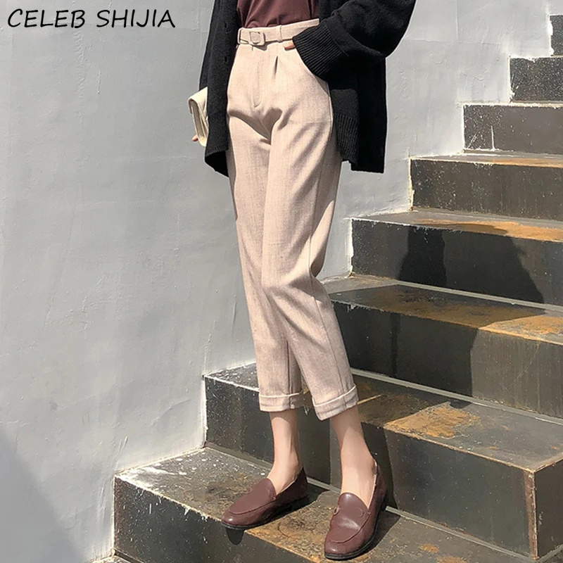 

SHIJIA Apricot Woolen Pants for Women High Waist Mujer Pantalones OL Business Blazer Pants Female Winter Autumn Harem Trousers