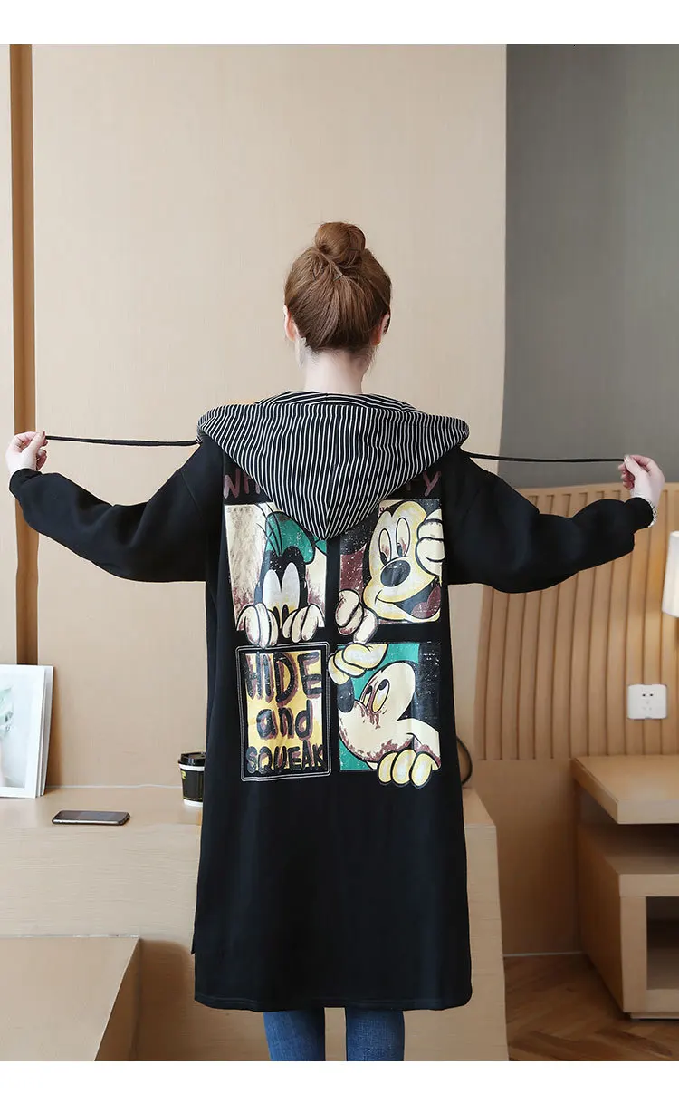 5XL куртка с капюшоном, Женское пальто, Осеннее, с принтом Микки, на молнии, размера плюс, длинное пальто, больше размера d, черное, с рисунком, ретро ветровка