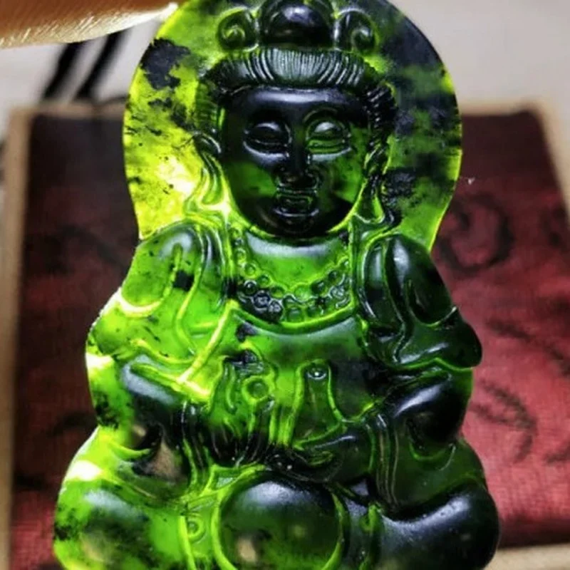 

Natural Tibetan Jade Medicine King Graphite Green Jade Guanyin Bodhisattva Necklace Men's Safe Jade Pendant Jewelry
