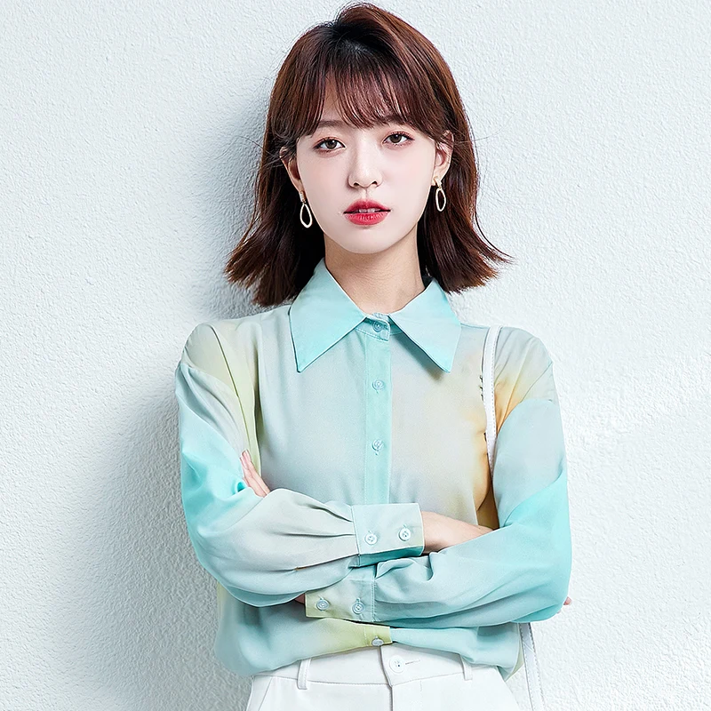 

Шифоновая женская блузка с принтом, рубашка-поло для девочек, летний Свободный Топ с длинным рукавом, модная повседневная женская блузка