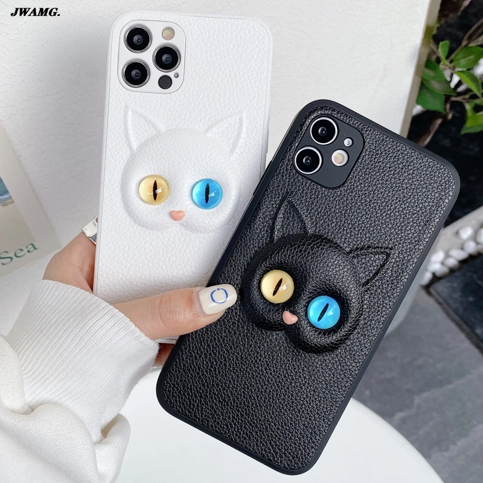 

Cute Cat Leather case For iPhone 11 12 Pro Max X XS XR 6 7 8 Plus SE 2020 iphone11 3D eye Black White Phone Cover
