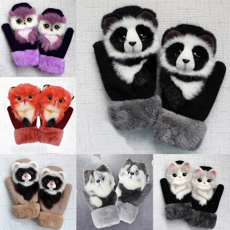 

Women Men Winter Knitted Gloves Cute 3D Fluffy Cartoon Animal Thermal Mittens