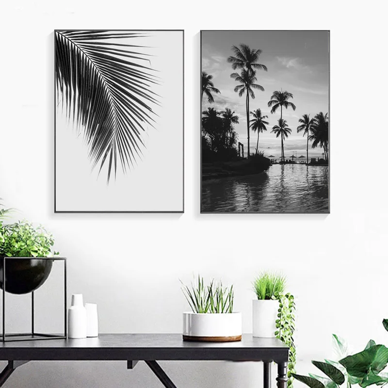 Черно белый пейзаж плакаты с листьями и принтами черная буква дерево стены