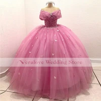 off shoulder pink quinceanera dress 3d foral flowers cinderalla prom dress for girl vestidos de quinceanera