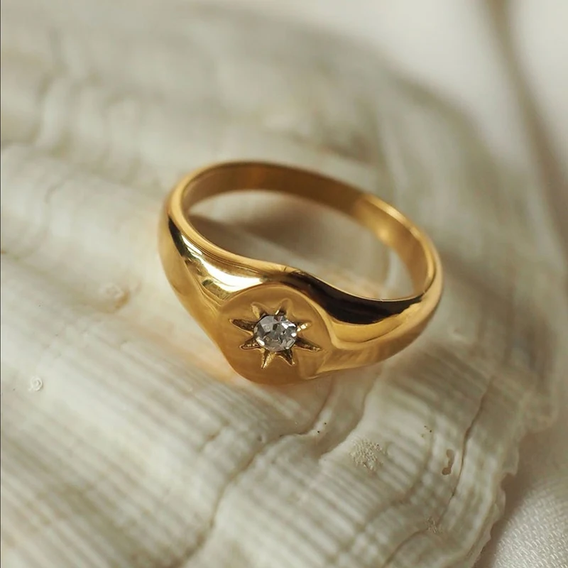 

316L Stainless Steel Nickel& Lead Free Zircon Paved Star Singet Rings for Women Ladies Tarnish Free Party's Jewelry Gold Ring