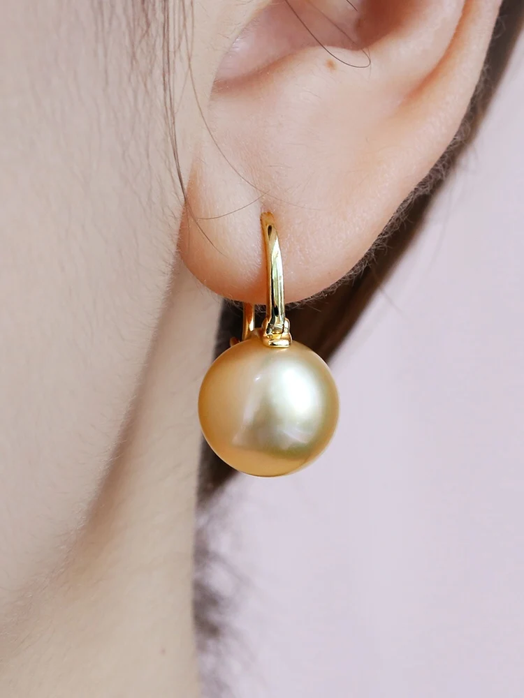 18K Solid Yellow Gold Jewelry(AU750) Women Strong luster Earrings Ear ring hook Natural seawater South Sea pearl Fashion Lady