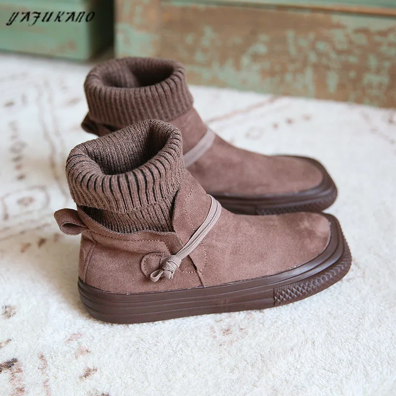 

Winter Suede Wool Tube Warm Womens Boots Handmade Comfortable Casual Flat Boots Literary Retro Mori Ankle Boots Leopard pattern