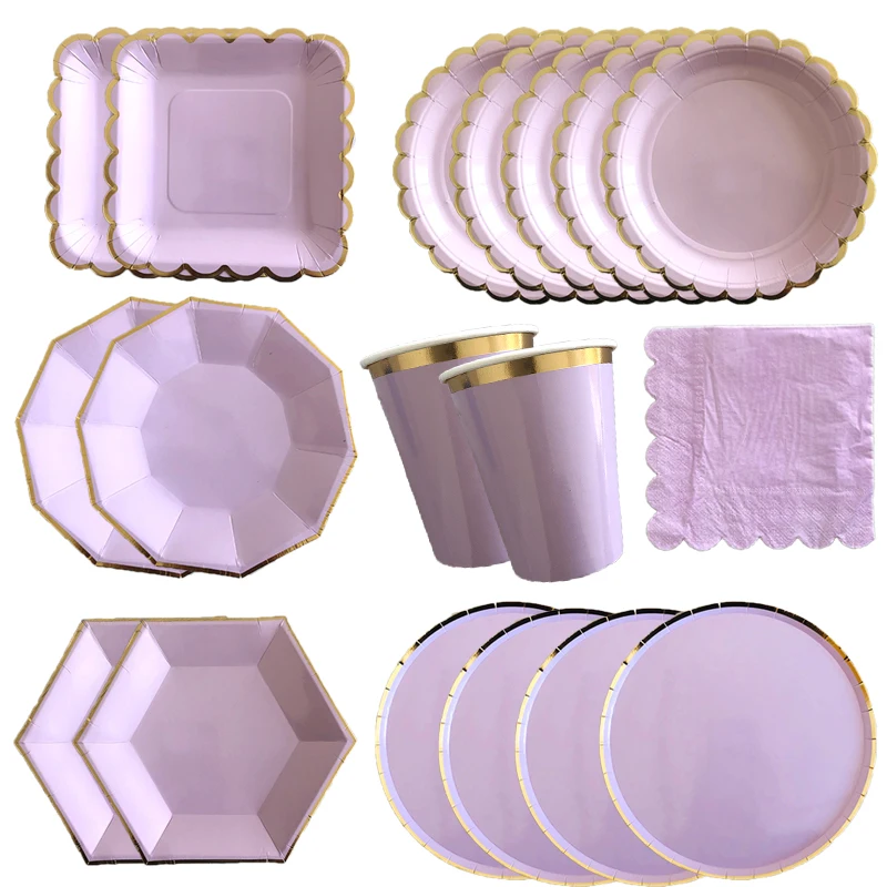 Gold Disposable Tableware Sets Purple Party Paper Cup Plates baby Shower  Birthday Party Supplies Carnival Wedding decor Favors