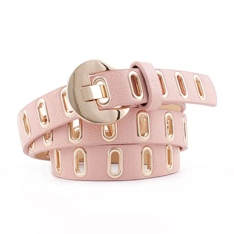 

Adjustable Pin Buckle Hole Women Belt Hollow Out Gold Grommet Personality Punk Rock Fashion Casual PU Leather Pants Dresses Belt