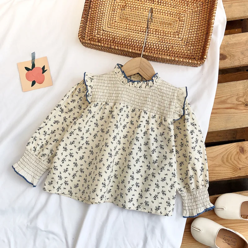 

Блузка для девочек, новинка, весенние детские рубашки с цветочным рисунком, Одежда для младенцев, хлопковая рубашка с оборками, милая одежда...