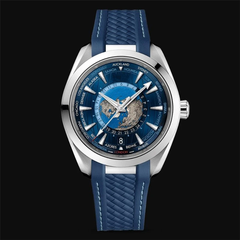 

2021 New Mens Watch Automatic Mechanical Stainless Steel Calendar 41mm Sapphire Blue Green Rubber World Map Wristwatch