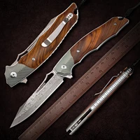 newootz folding pocket knife wooden handle vg10 damascus steel tactical knives with clip and leather sheath edc tool