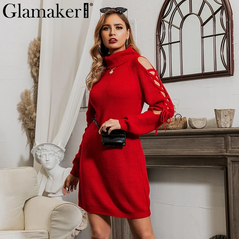 Glamaker, вязаное, на шнуровке, сексуальное платье-свитер, женское, Осеннее, элегантное, Мини Короткое платье, зимнее, с высоким воротом, с длинным рукавом, красное платье для девушек