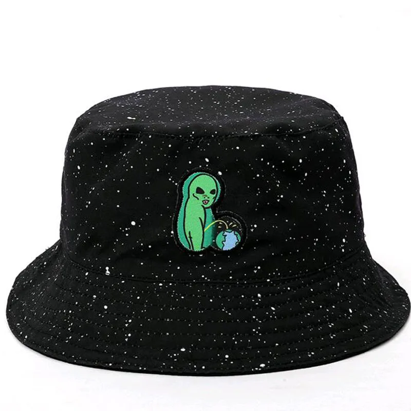 Double-Side Funny Hat Alien Bucket Hat Bob Cap Mens Fashion Cotton Bucket Hat Sunscreen Embroidery Bucket Hats Hip Hop Hat