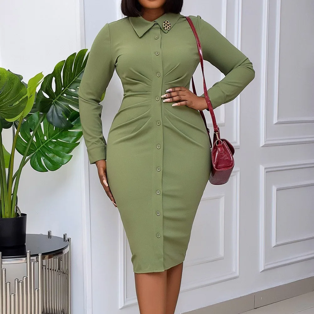 

Pleated Turn-Down Collar Button Blouse Dress Women Sexy Long Sleeve Office Dresses Solid Streetwear Female Shirt Vestidos