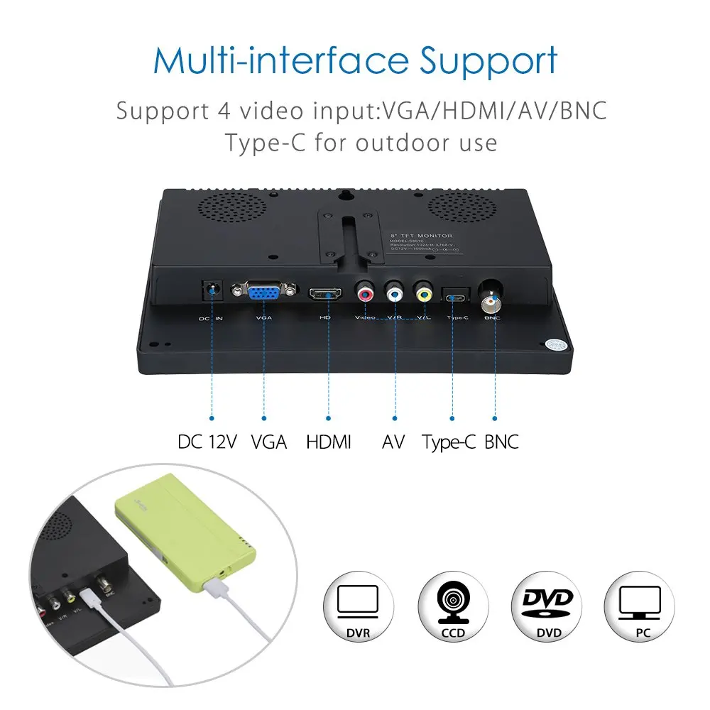 Eyoyo 8" Портативный монитор IPS с разрешением 1024x768 поддержка HDMI VGA BNC AV Ypbpr вход для ПК ТВ КТВТ защитный экран.