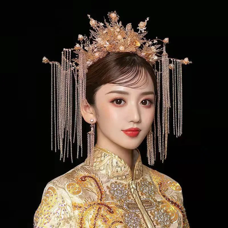 

Chinese Wedding Bride Crown Handmade Flower Tassels Wedding Tiara Bridal Queen Princess Crowns Women Costume Hair Accessories