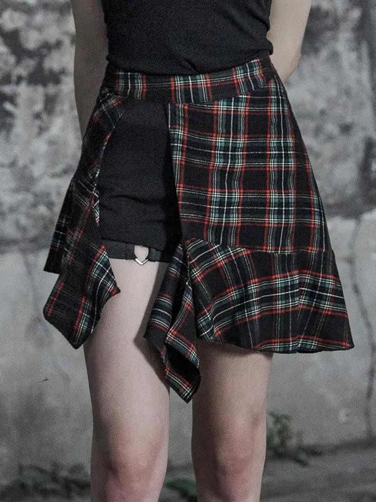 Женская Асимметричная клетчатая трапециевидная юбка в стиле панк с рыбим