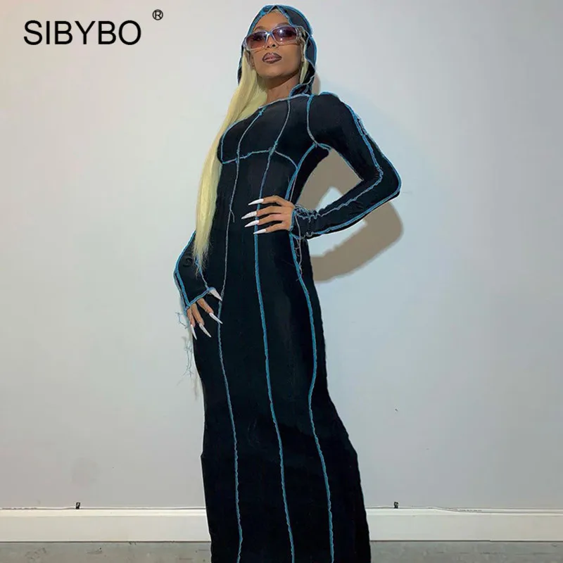 

Женское платье с капюшоном Sibybo, Полосатое Платье макси с длинным рукавом, весна 2021