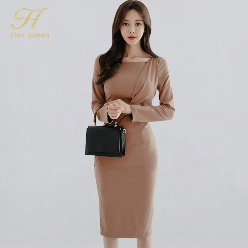 Однотонное облегающее платье-футляр H Han Queen Eleagnt женские зимние платья 2019 с