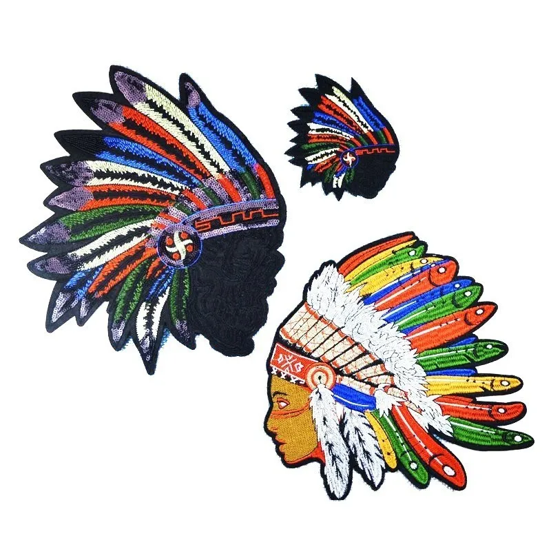 

Punk Style Badges Oversized Rainbow Indian Head Feather Embroidery Patches with Adhesive DIY Sewing Garment Appliques