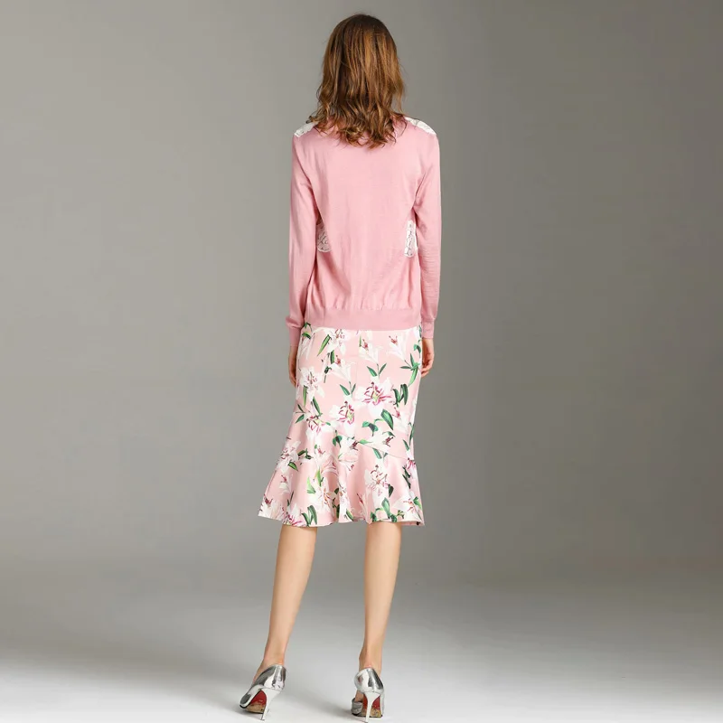 

Women'S Set Three-Piece Pink Wool Vest Embroidered Jacket Printed Buttock Mermaid Half Skirt 2019 Autumn New Women'S Wear