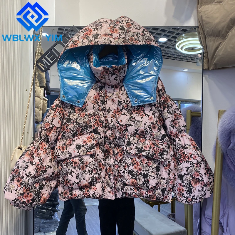 

Winter Jacket Women Fashion Flowers Print Hooded Down Jackets High Quality Short Parka Thick Warm Loose Cotton Coat Female