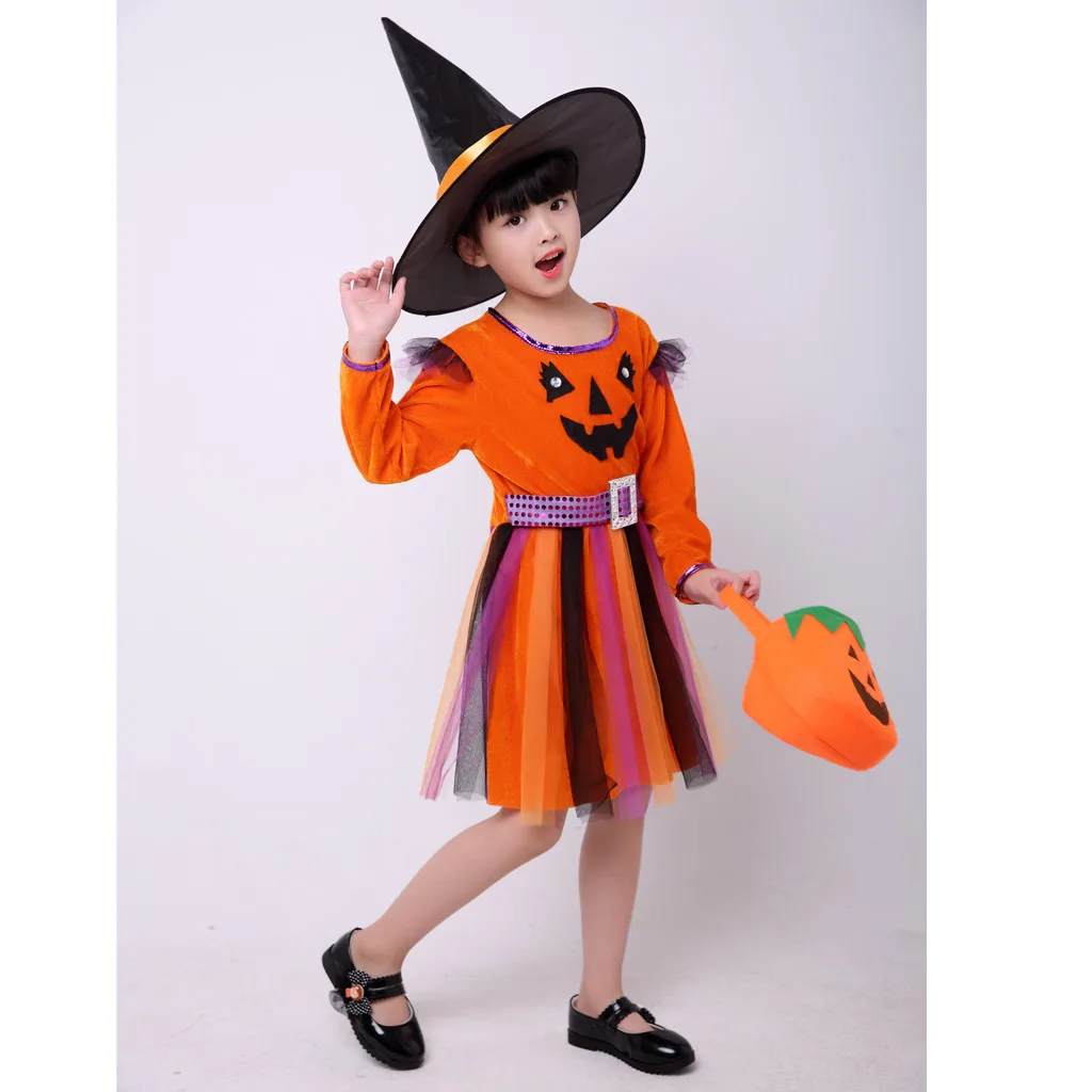 TELOTUNY Baby Kids Girls Halloween Long Sleeve Pumpkin demon Printed dress children's Princess +Cap+ Bags Costume Outfits ZA14 | Детская