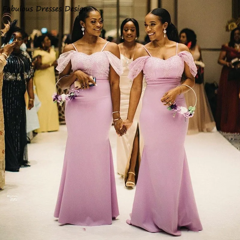 

2021 Applique Lace Mermaid Bridesmaid Dresses Off Shoulder Spaghetti Strap African Women Pink Long Wedding Party Dress Vestidos