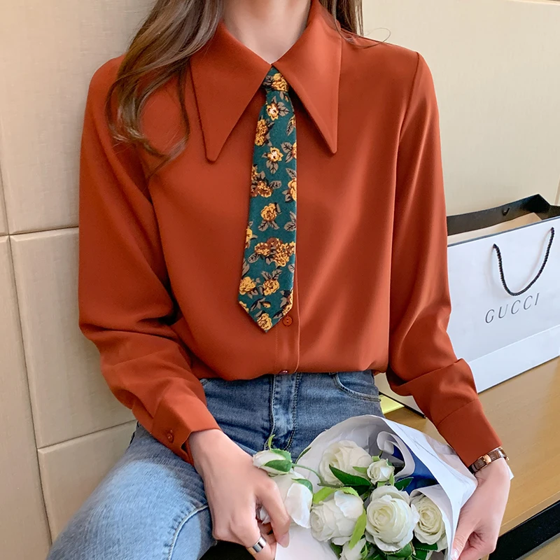

Spring 2021 New Style Big Lapel Retro Palace Style Contrast Color Tie Long-sleeved Chiffon Shirt Women Blouses