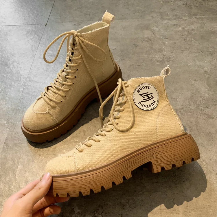 Женские парусиновые ботинки; ботильоны для женщин; Zapatos de mujer; модные однотонные Ботинки martin с круглым носком; повседневные мотоциклетные ботинки