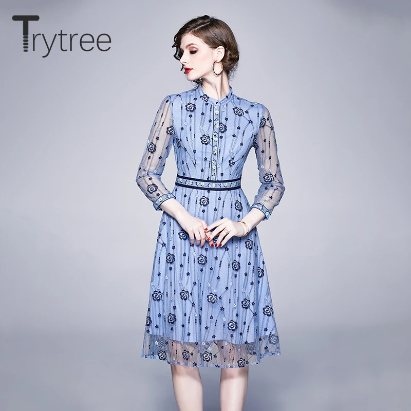 Весеннее женское платье Trytree 2020 повседневное лоскутное А силуэта с круглым