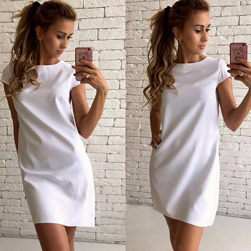 

Summer Beach Casual Dress Women Female Short Sleeve Loose Mini Short A-line Dresses Candy Color S-XXL