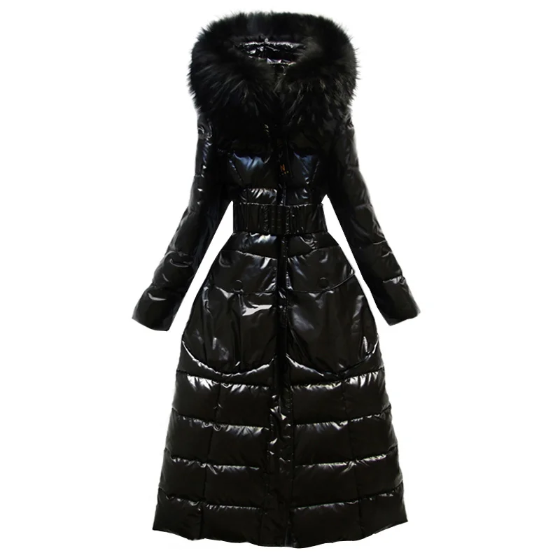

Женский зимний пуховик, длинное пальто с большим воротником из меха енота, 20% белый утиный пух, тонкая Высококачественная теплая парка KJ2939