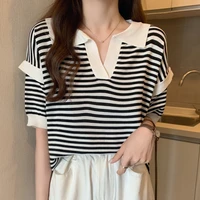 ljsxls striped women sweater turn down collar korean contrast color short sleeve knitted tops summer loose pullovers pull femme