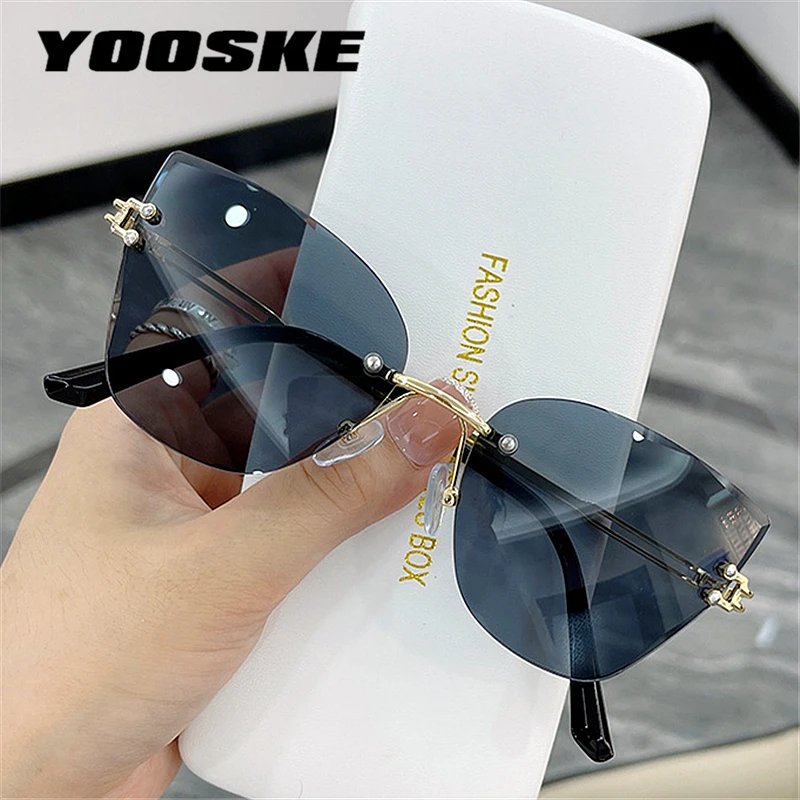 

YOOSKE Women's Sunglasses Cat Eye Eyewear 2022 Gradient Black Pink Rimless Sun Glasses for Female Brand Designer Eyeglasses