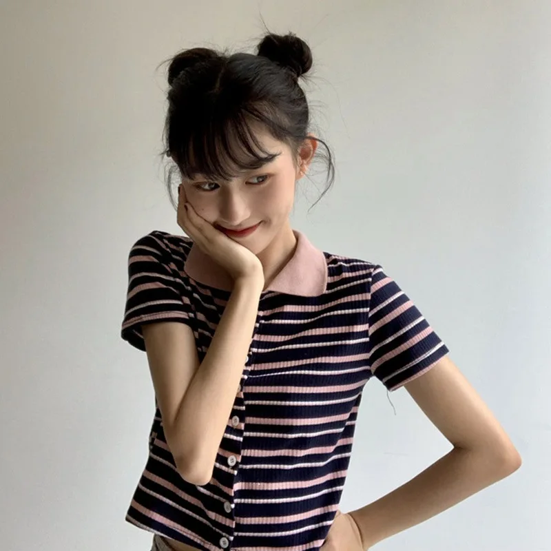 

DAXIN Women Stripe Lapel Casual Tee Shirt Korean Style Exposed Navel Short Sleeve T-Shirt Tops Female Casual Top Ladies Shirt