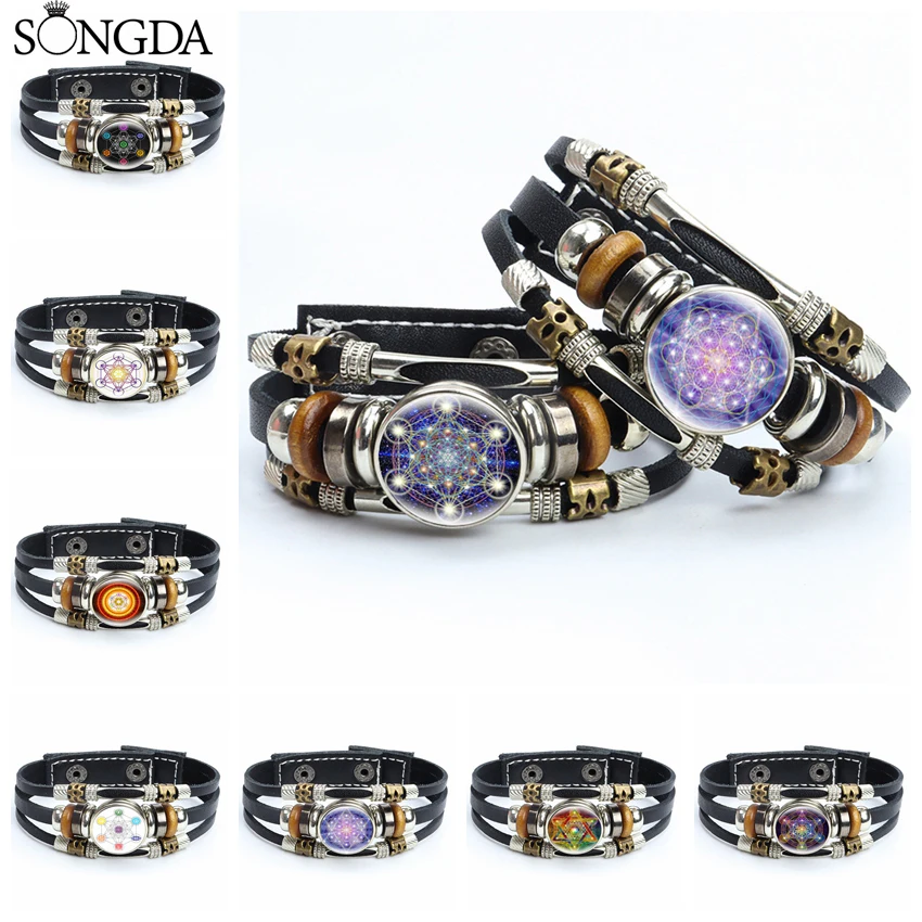 

Mysterious Metatron Cube Leather Bracelet Vintage Sacred Geometry Flower of Life Snap Glass Button Multilayer Wristband Men Gift
