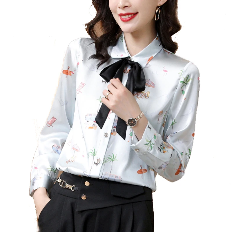 

92.5% Silk 7.5% Spandex Women's Shirt Turn Down Collar Bow Detailing Long Sleeves Printed Fashion Casual Blouse