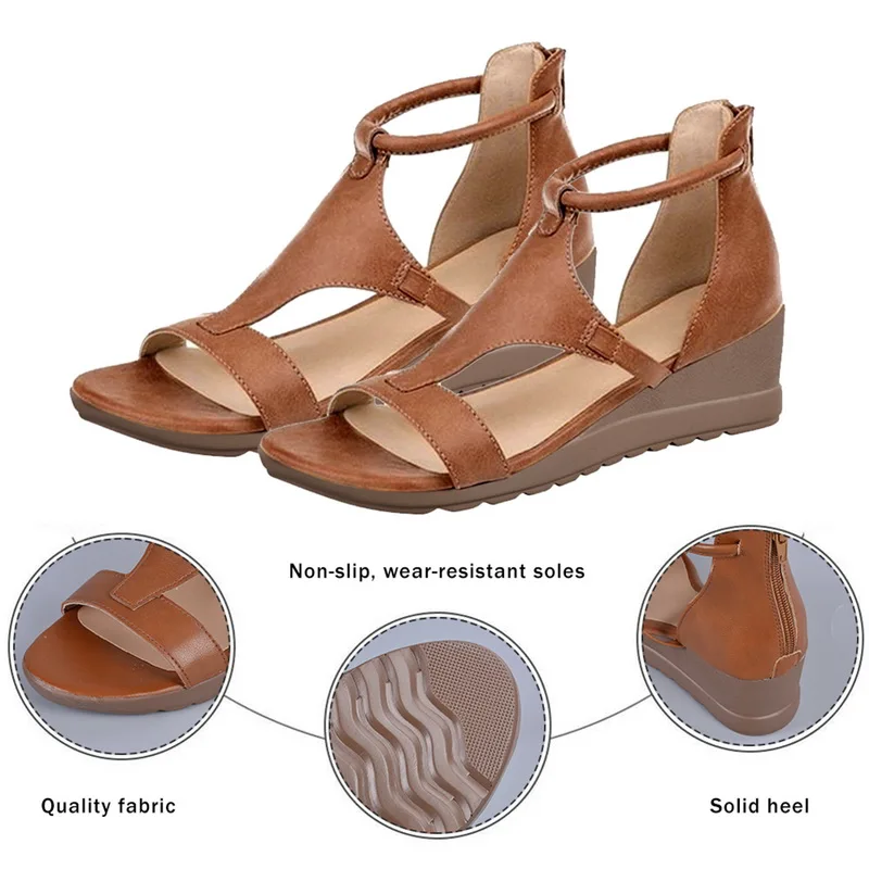 

Women Summer Sandals Mid Heels Wedges Shoes Ladies Vintage PU Leather Plus Size Sandalias Mujer Sapato Feminino 2020