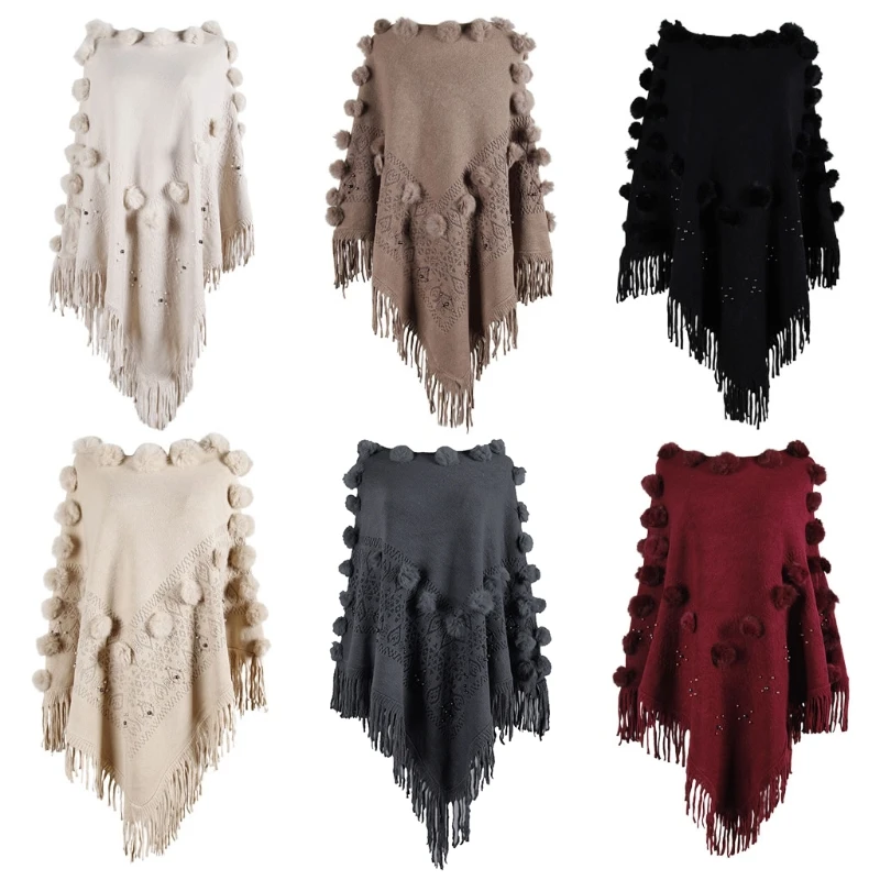 

Women Knitted Pullover Sweater Top Crew Neck Off Shoulder Beading Shawl Wrap Plush Pom Poms Fringe Tassel Poncho Cape