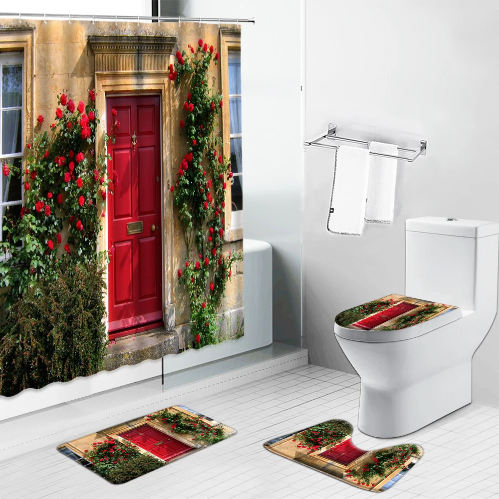 

Rural Scenery Street Flowers Shower Curtain Wooden Door Toilet Cover Rugs Europe Alley Non-Slip Bath Mat Bathroom Curtains Set