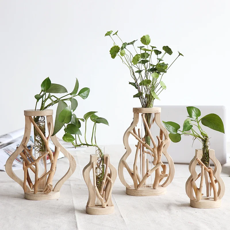 

SHZQ Pure Handwork Wooden Vase Decorated with Solid Wood Flower Pot for Water Planting Creative Home Decorative Vase