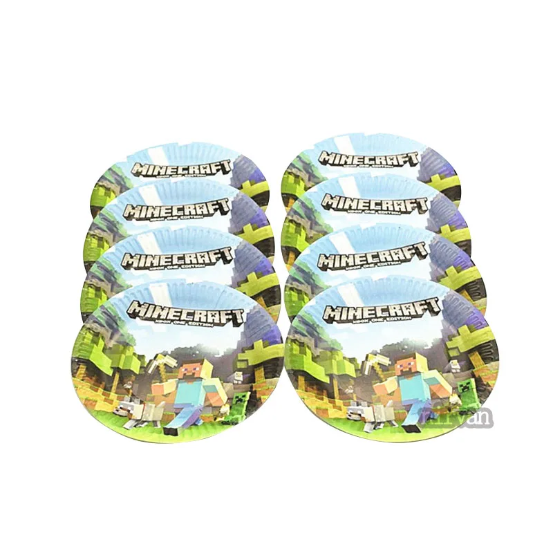 10cups+10plates cartoon mining pixel game pattern kids boys girls birthday party disposable tablewares set supplies baby shower | Дом и сад