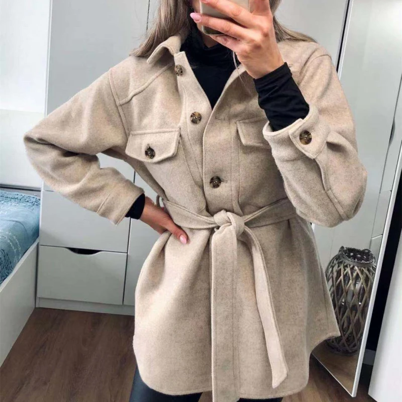 

PUWD Vintage Woman Loose Sashes Woolen Coats 2021 Chic Female Autumn Soft TurnDown Collar Outwear Ladies Elegant Pockets Jackets