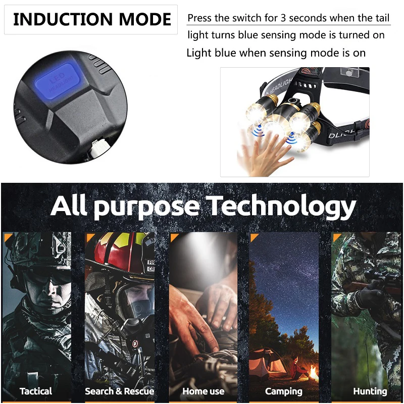 Светодиодный налобный фонарь с датчиком движения 3/5 лм 18650 светодиодов T6