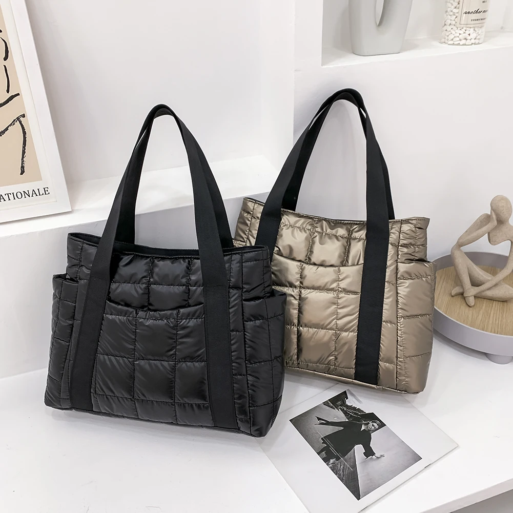 

Fashion Quilted Lattice Shoulder Bag Women Casual Solid Color Nylon Shopping Bag Female Large Capacity Tote Bolsas Feminina Soft