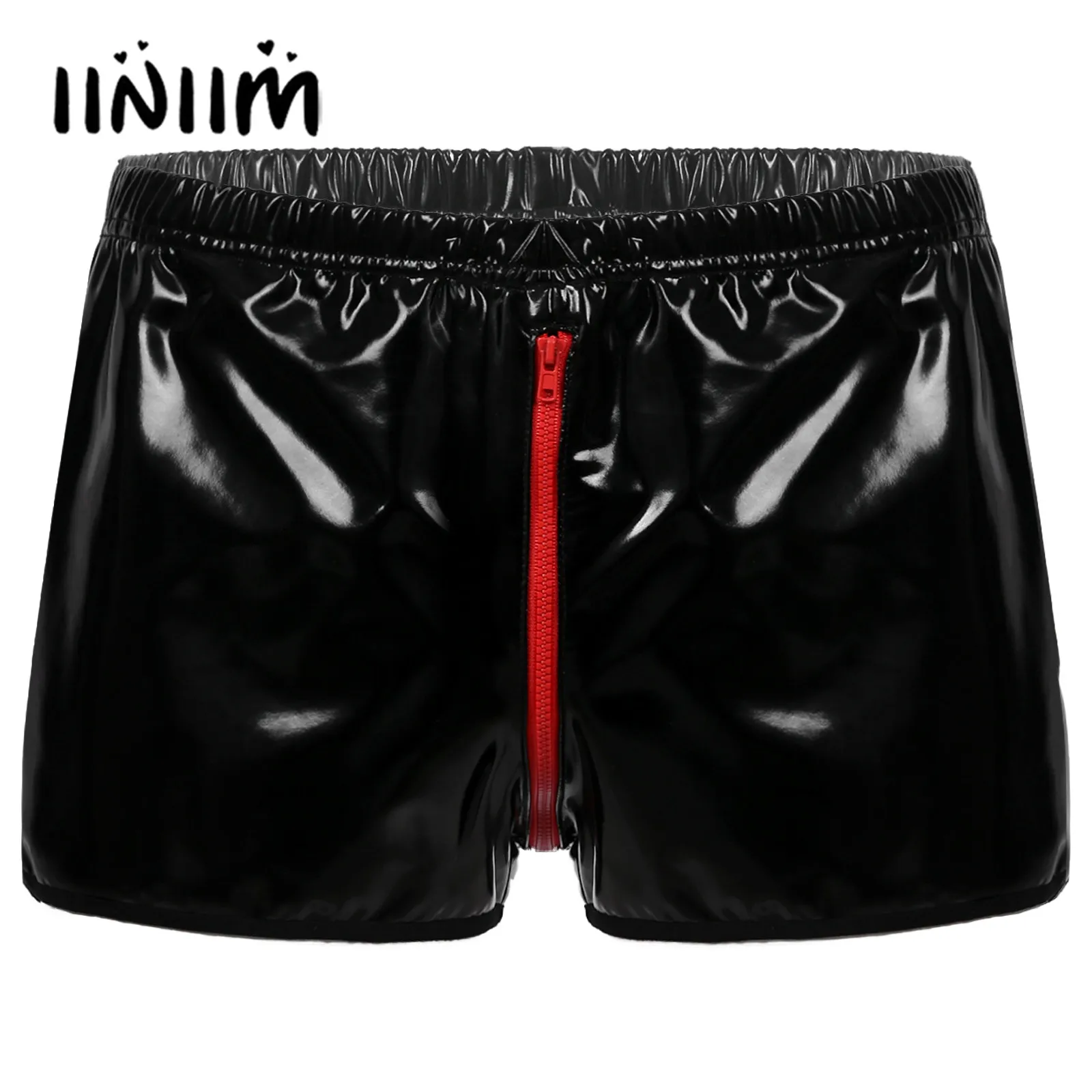 

Mens Male Wet Look Patent Leather Rave Shorts Clubwear Elastic Waistband Zipper Crotch Short Pants for Nightclub Pole Dancing