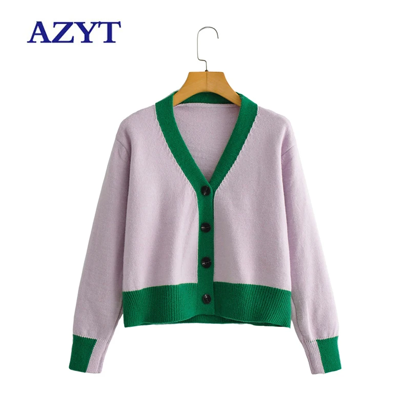 

AZYT Autumn New Panelled Knit Cardigan Female Loose V Neck Sweater Women's Jacket 2021 Loose Long Sleeve Knitwear Pull Femme